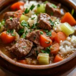 Close-up of slow cooker beef and rice stew with vegetables in a white bowl.
