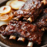 Close-up of slow cooker beef finger ribs with a rich, savory glaze and garnished with herbs.