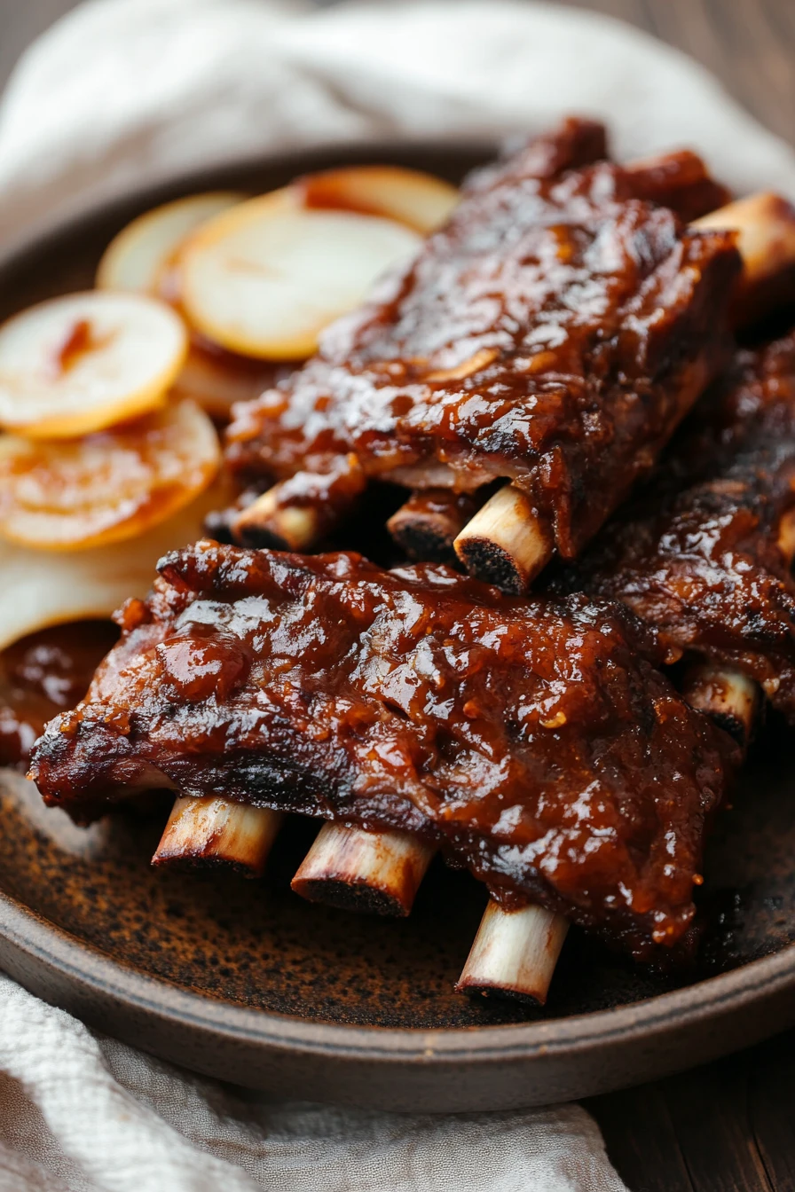Close-up of slow cooker beef finger ribs with a rich, savory glaze and garnished with herbs.