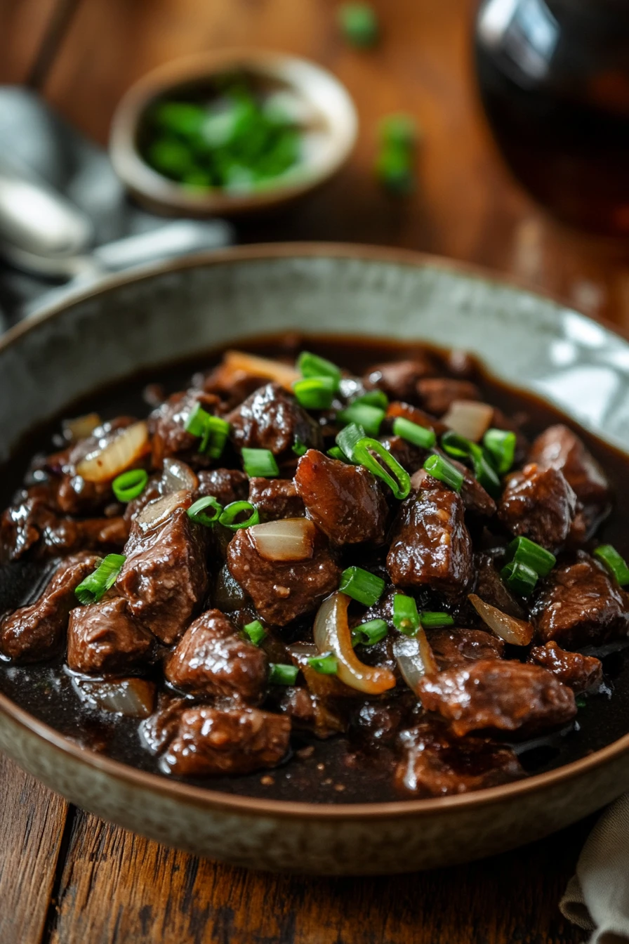 Close-up of slow cooker beef in black bean sauce with vibrant colors and textures.