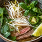 Close-up of slow cooker beef pho with fresh herbs and noodles
