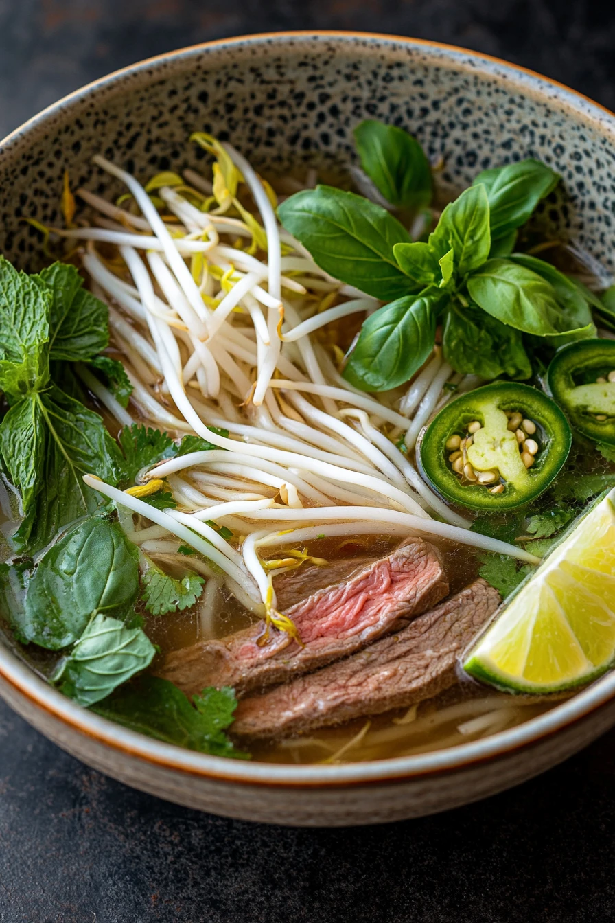Close-up of slow cooker beef pho with fresh herbs and noodles