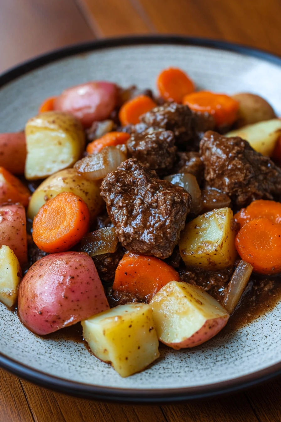 Close-up of slow cooker beef with potatoes and carrots in a warm, inviting setting.