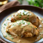 Close-up of slow cooker chicken and gravy with a warm, appetizing appearance.