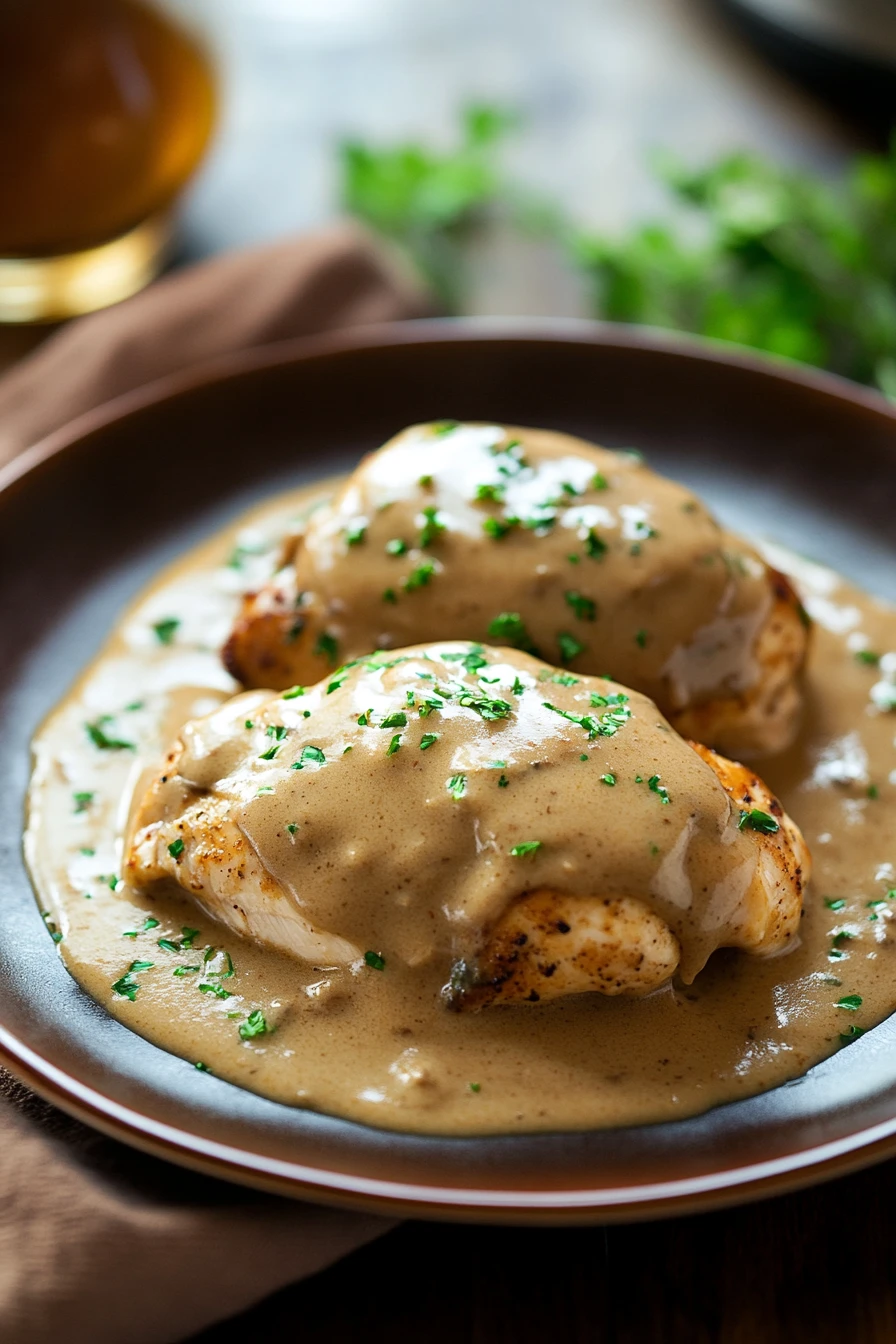 Close-up of slow cooker chicken and gravy with a warm, appetizing appearance.