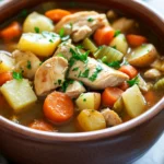 Close-up of slow cooker chicken and vegetables stew with carrots and herbs in a bowl