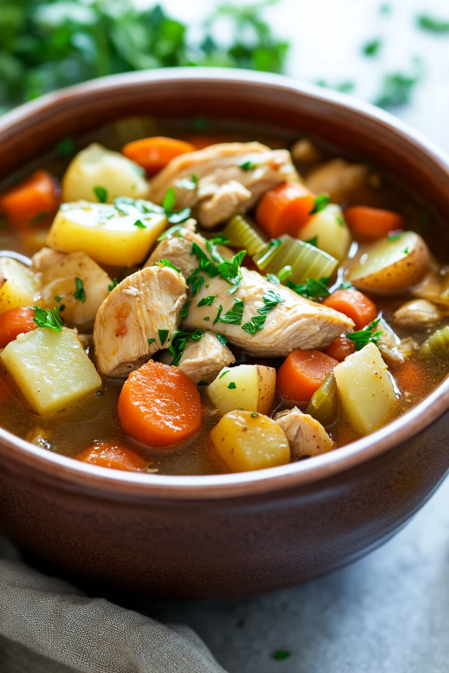 Close-up of slow cooker chicken and vegetables stew with carrots and herbs in a bowl