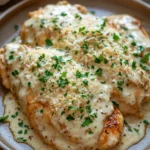 Close-up of slow cooker chicken garlic parmesan with creamy sauce and herbs