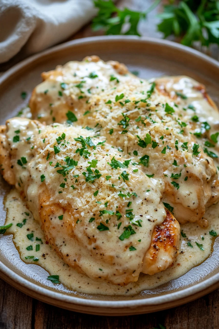 Close-up of slow cooker chicken garlic parmesan with creamy sauce and herbs