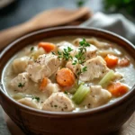 Close-up of slow cooker chicken n dumplings with creamy sauce and herbs.