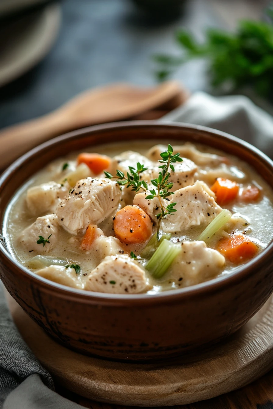 Close-up of slow cooker chicken n dumplings with creamy sauce and herbs.