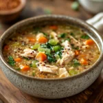 Close-up of slow cooker chicken quinoa soup with vegetables in a white bowl