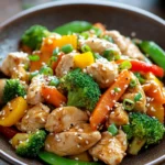 Close-up of a slow cooker chicken stir fry with vibrant vegetables and a savory sauce.