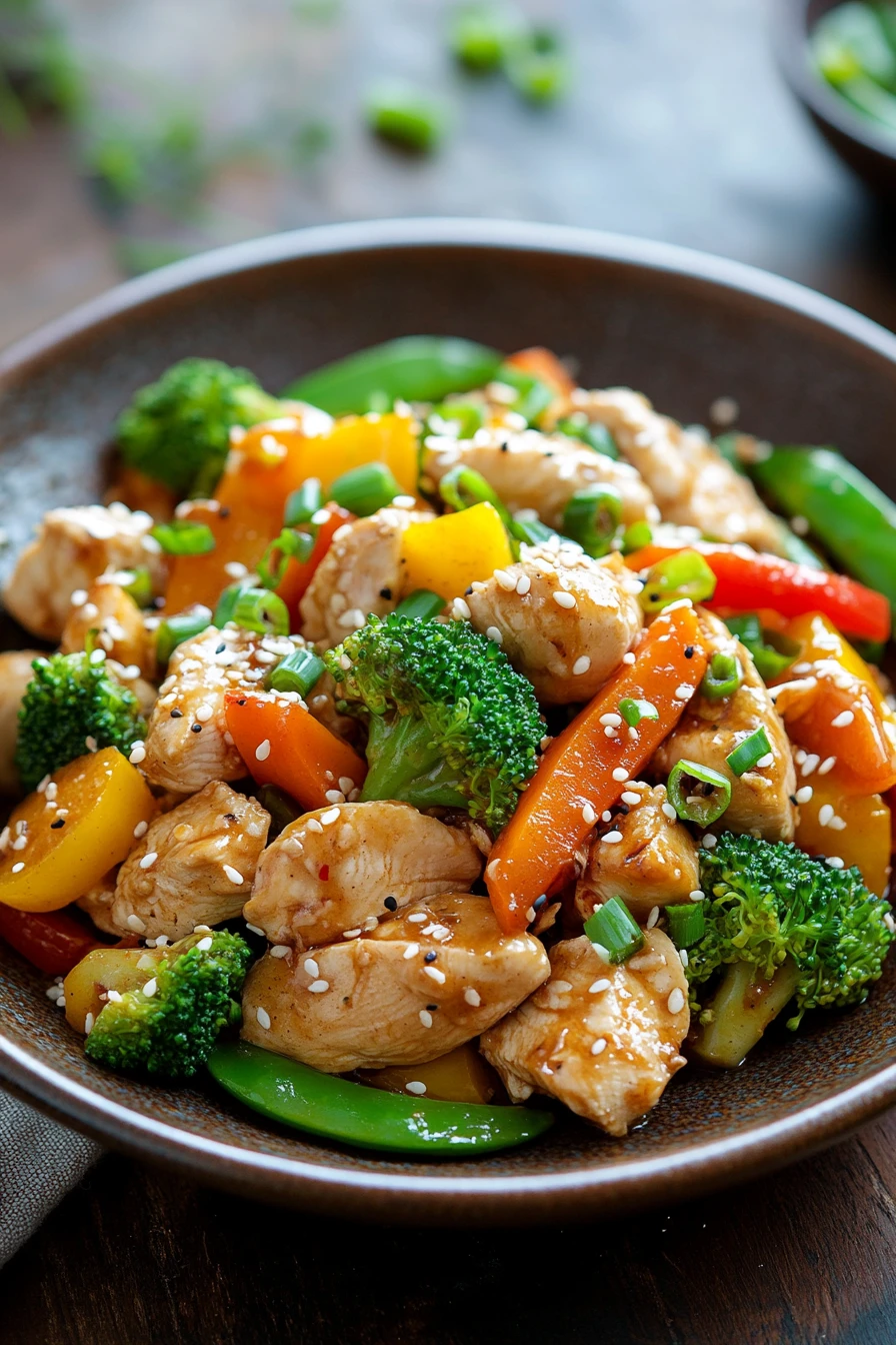 Close-up of a slow cooker chicken stir fry with vibrant vegetables and a savory sauce.