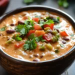 Close-up of a creamy cheese dip with a warm, appetizing appearance, perfect for a slow cooker chili queso dip.