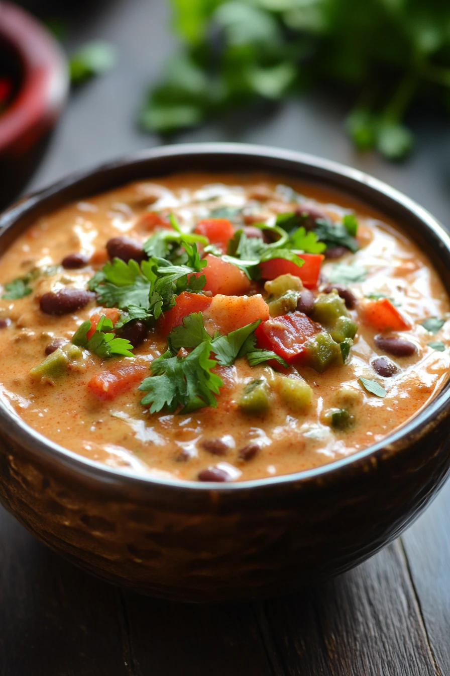 Close-up of a creamy cheese dip with a warm, appetizing appearance, perfect for a slow cooker chili queso dip.