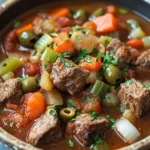 Close-up of slow cooker Italian beef stew with tender beef, carrots, and herbs in a rich sauce.