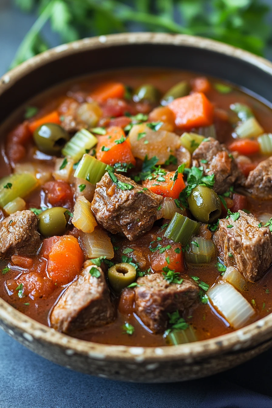 Close-up of slow cooker Italian beef stew with tender beef, carrots, and herbs in a rich sauce.