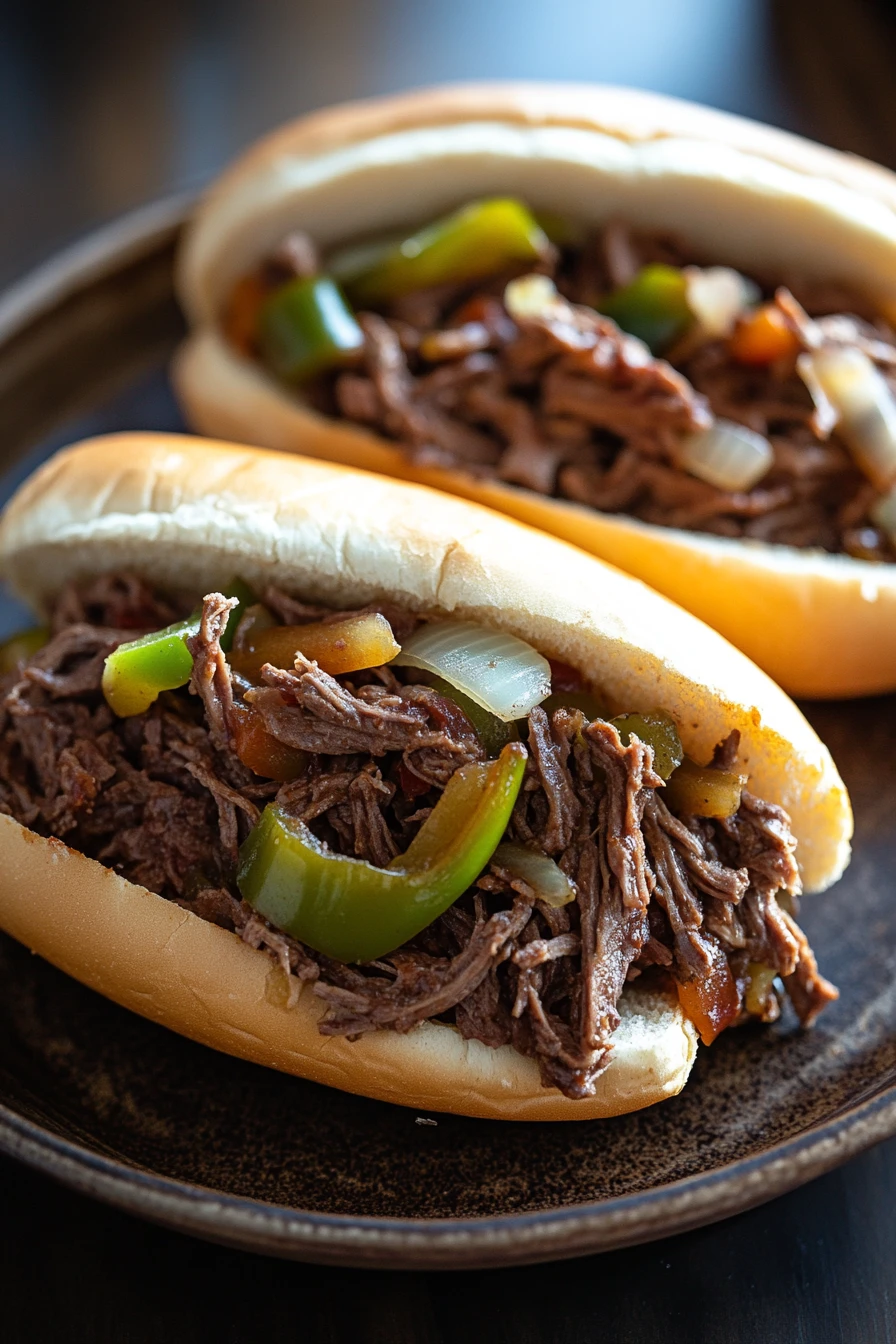 Close-up of slow cooker Melissa Jo Italian beef with rich textures and warm lighting.