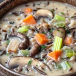 Close-up of slow cooker mushroom wild rice soup with visible herbs and creamy texture
