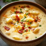 Close-up of a creamy slow cooker potato soup with herbs in a white bowl