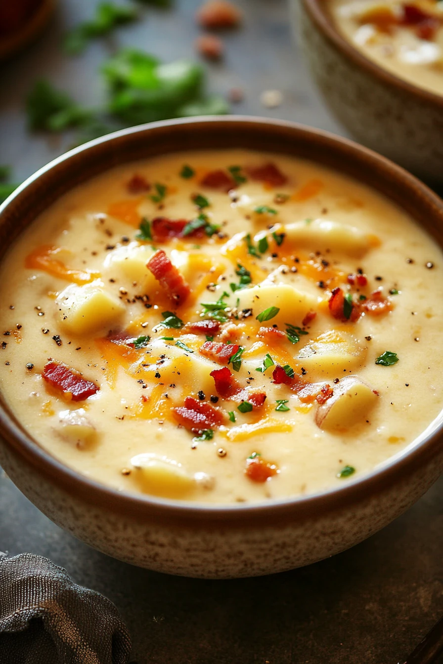 Close-up of a creamy slow cooker potato soup with herbs in a white bowl
