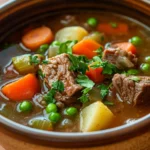 Close-up of a hearty slow cooker soup with beef, featuring chunks of beef and vegetables in a rich broth.