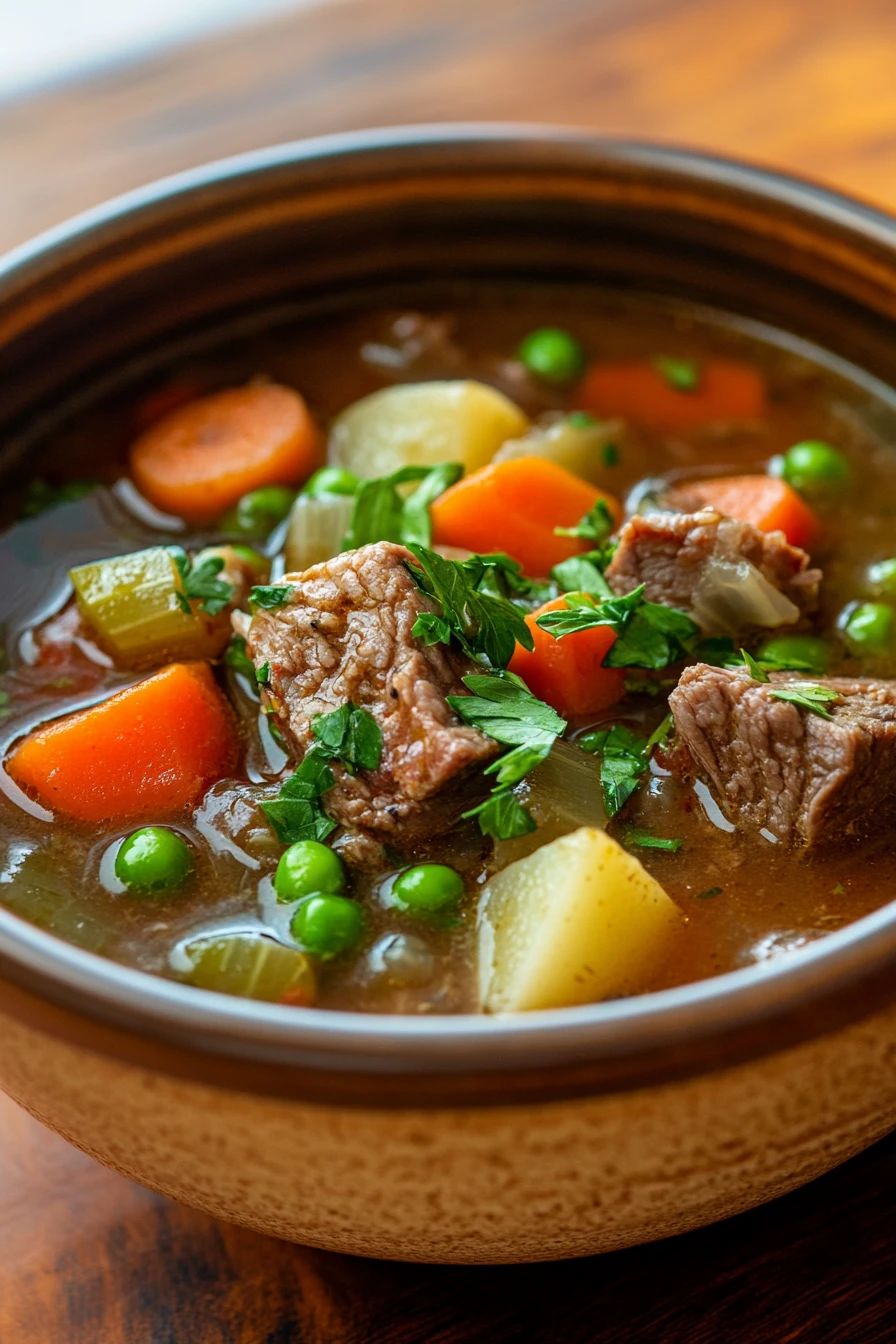 Close-up of a hearty slow cooker soup with beef, featuring chunks of beef and vegetables in a rich broth.