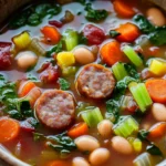 Close-up of a hearty slow cooker soup with sausage and vegetables in a bowl.
