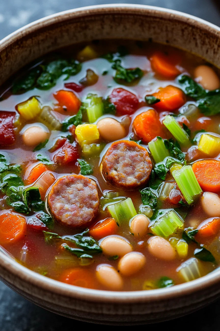 Close-up of a hearty slow cooker soup with sausage and vegetables in a bowl.