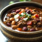Close-up of slow cooker stew meat chili with beans and rich sauce in a bowl