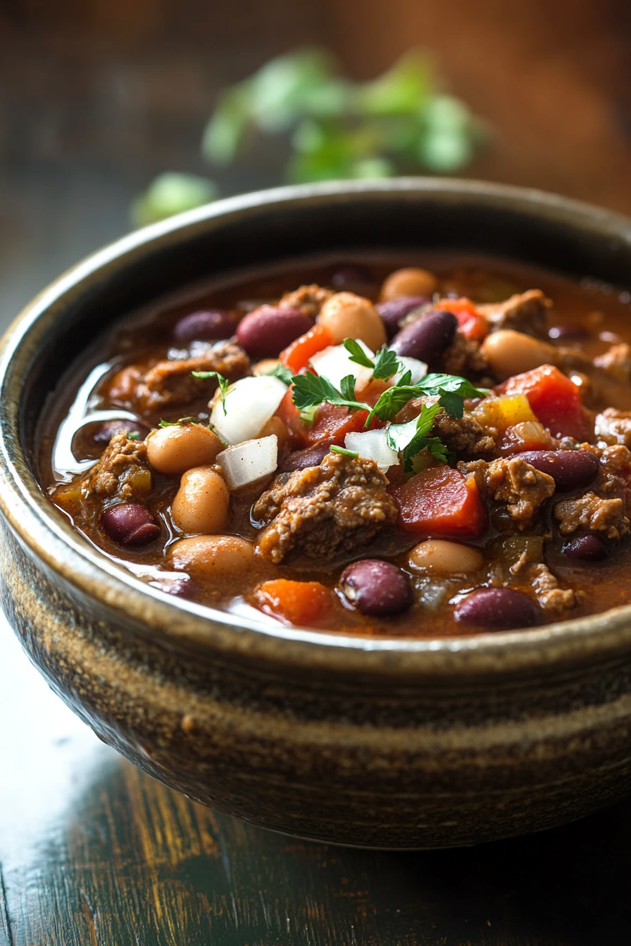 Close-up of slow cooker stew meat chili with beans and rich sauce in a bowl
