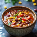 Close-up of slow cooker taco soup with beans, corn, and tomatoes in a bowl.