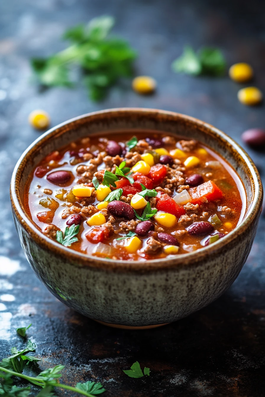 Close-up of slow cooker taco soup with beans, corn, and tomatoes in a bowl.