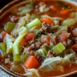 Close-up of slow cooker unstuffed cabbage soup with vegetables in a bowl