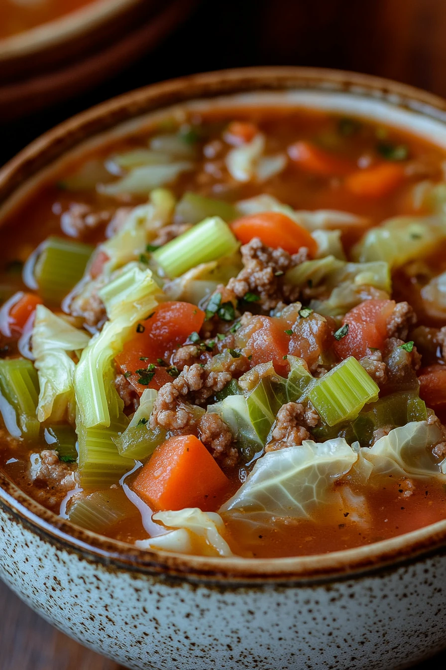 Close-up of slow cooker unstuffed cabbage soup with vegetables in a bowl