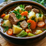 Close-up of slow cooker vegetable soup with beef, featuring chunks of beef and colorful vegetables.
