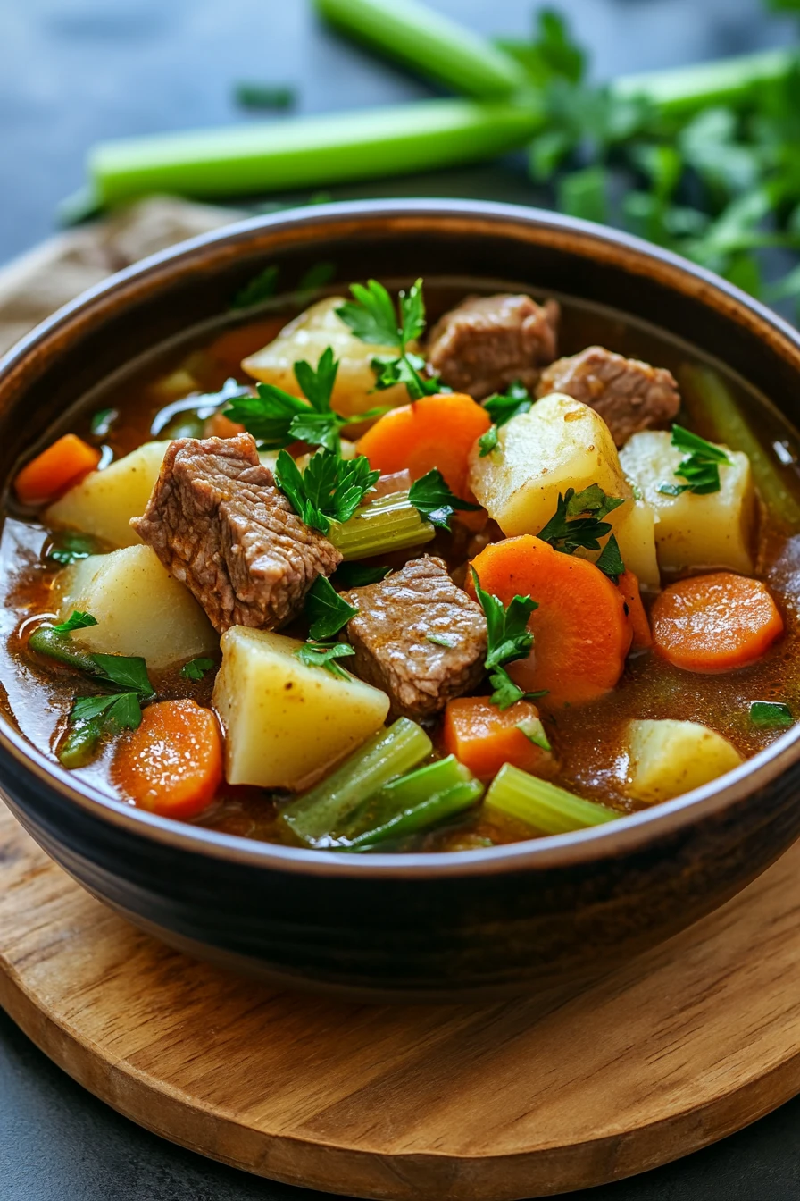 Close-up of slow cooker vegetable soup with beef, featuring chunks of beef and colorful vegetables.