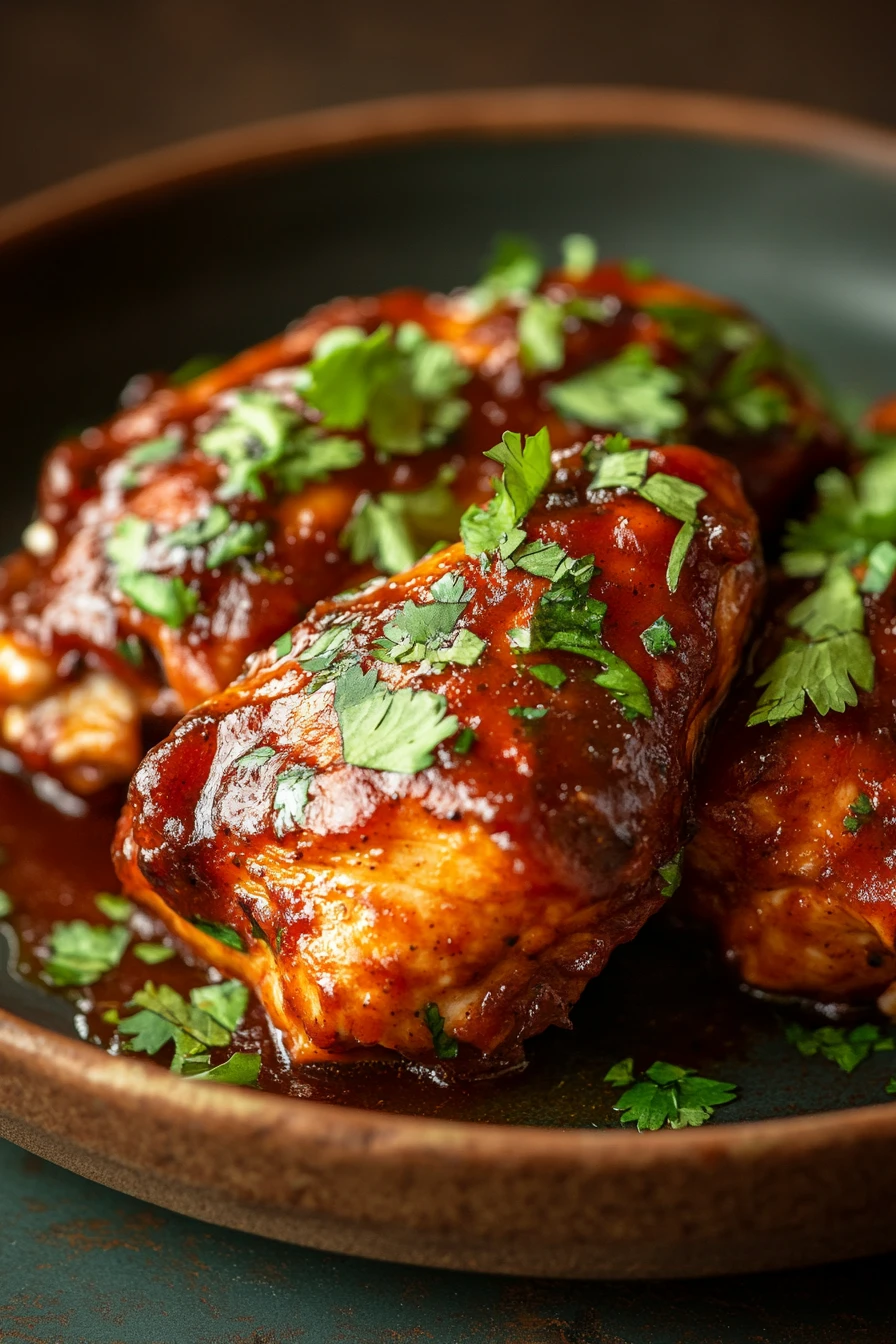 Close-up of slow cooker zesty chicken barbeque with a rich, savory sauce