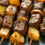 Close-up of steak and potato kabobs cooked in an air fryer, showcasing juicy steak pieces and golden potatoes.