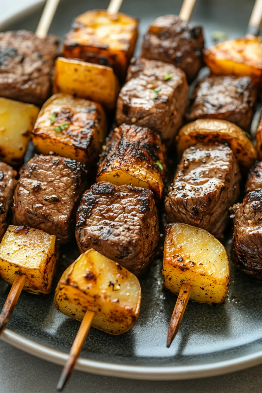 Close-up of steak and potato kabobs cooked in an air fryer, showcasing juicy steak pieces and golden potatoes.