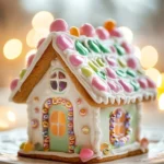 Close-up of a decorated sugar cookie house with icing and candy details.