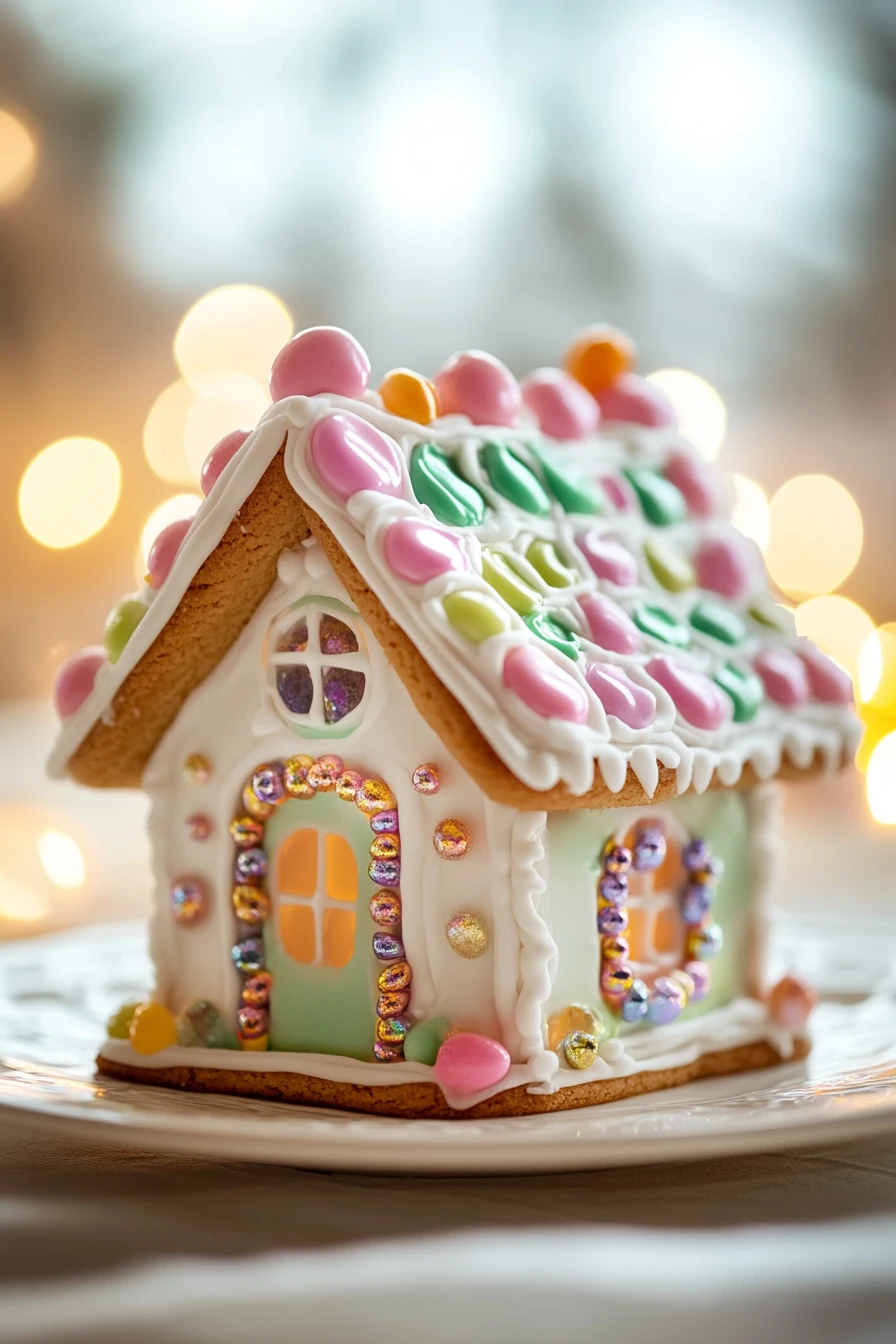 Close-up of a decorated sugar cookie house with icing and candy details.