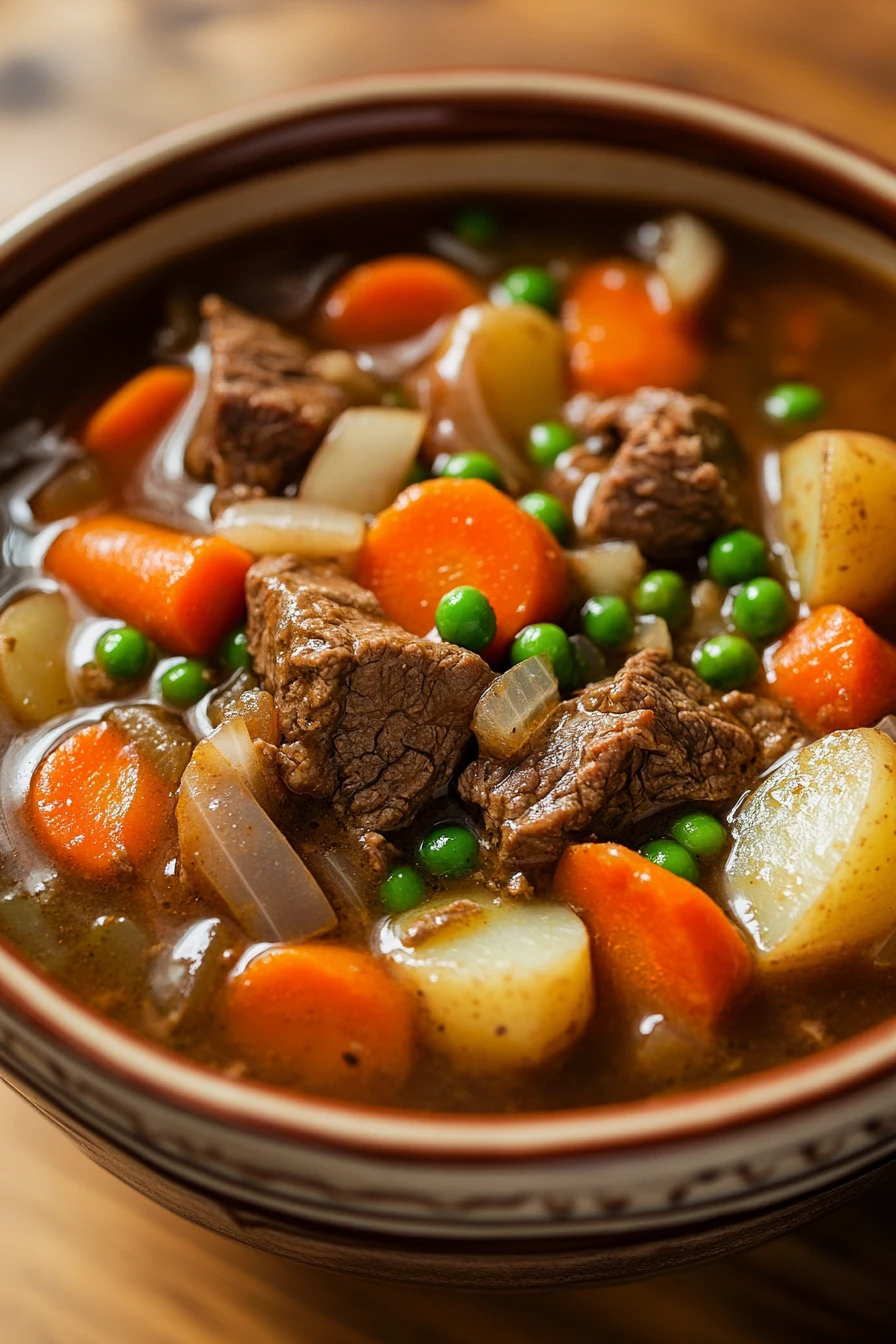 Close-up of a hearty slow cooker beef stew with chunks of beef and vegetables.