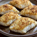 Close-up of parmesan crusted tilapia cooked in an air fryer with a golden crust