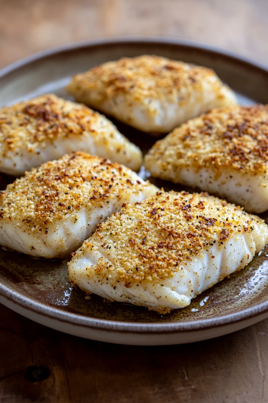 Close-up of parmesan crusted tilapia cooked in an air fryer with a golden crust