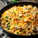 Close-up of a tuna casserole skillet with a golden crust and creamy sauce