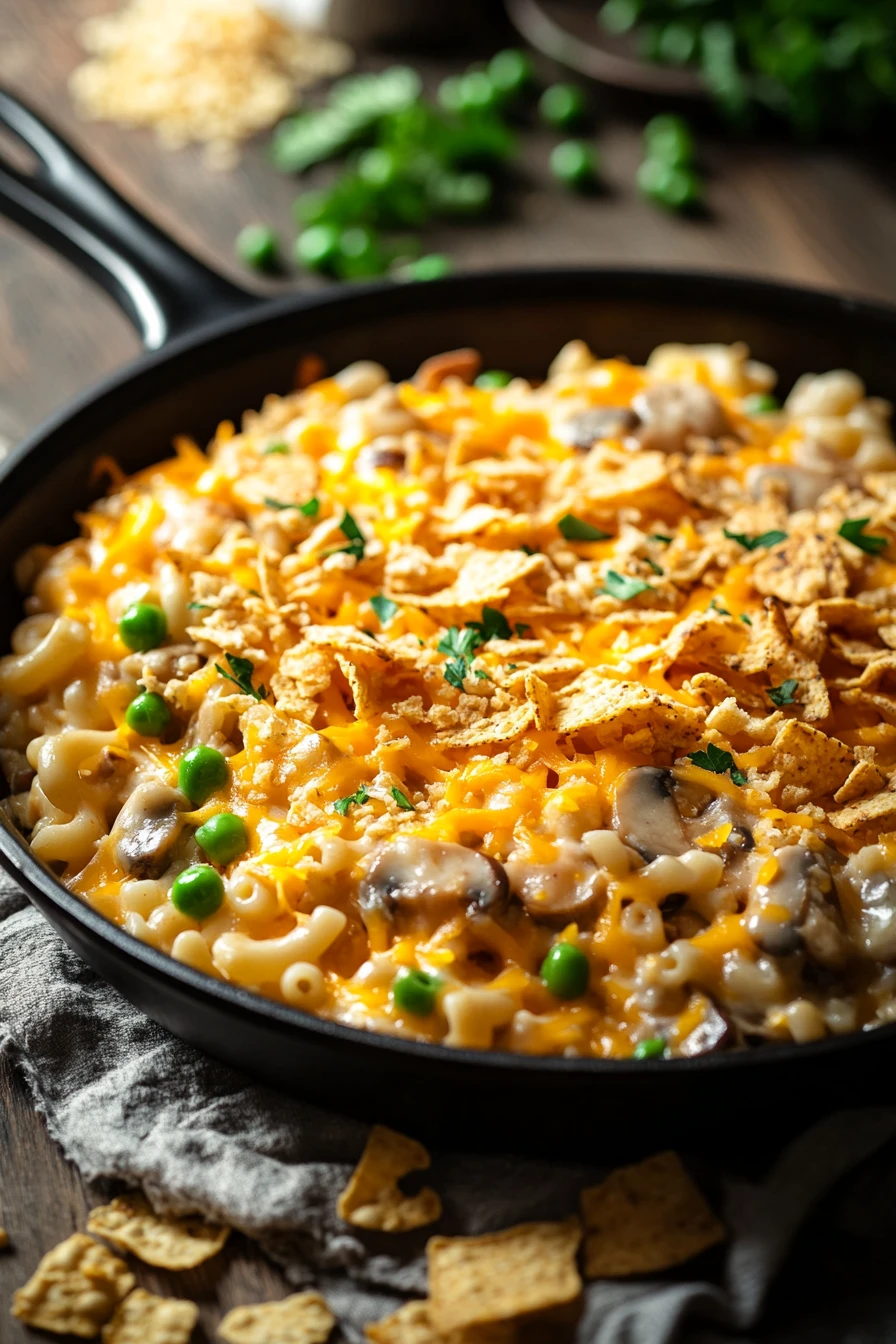 Close-up of a tuna casserole skillet with a golden crust and creamy sauce