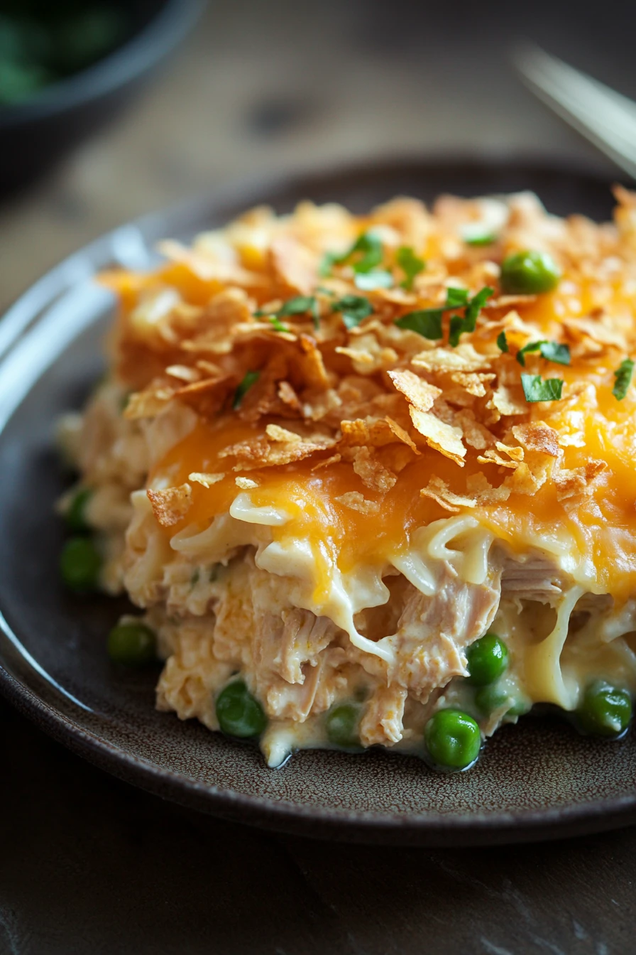 Close-up of a creamy tuna casserole with jalapeno, topped with melted cheese and crispy breadcrumbs.