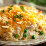 Close-up of a creamy tuna casserole with melted Velveeta cheese on top, served in a white dish.